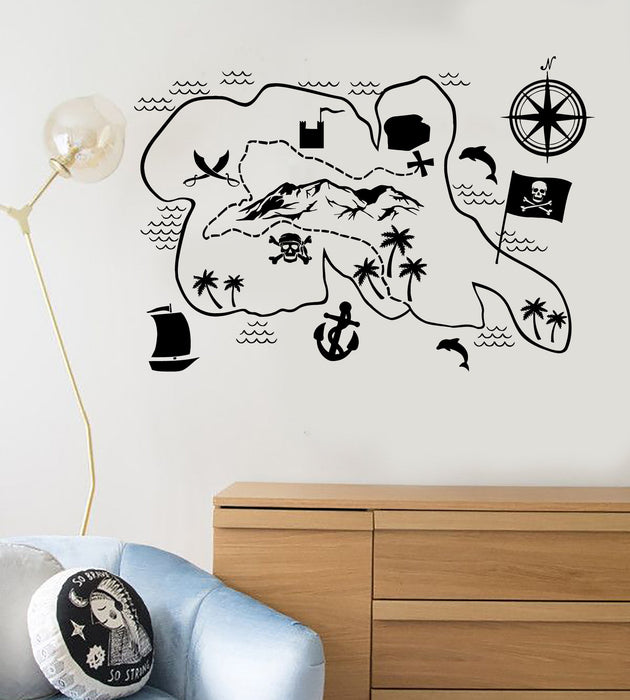 Autocollant mural en vinyle Carte des pirates Trésors Chambre d'enfant Aventure Idée d'art Autocollants Cadeau unique (ig4880)