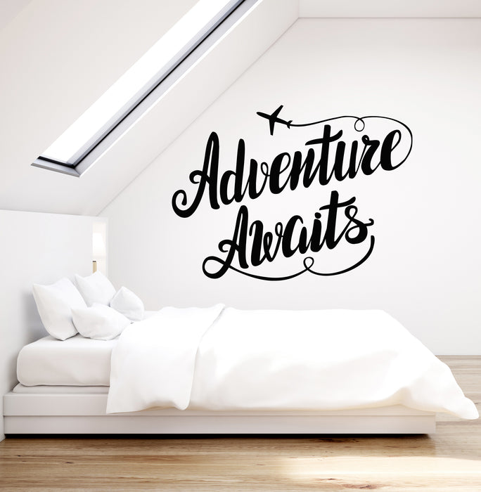 Vinyl Wall Decal Adventure Awaits Motivation Quote Airplane Stickers (3338ig)