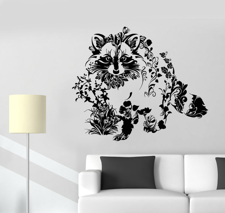 Vinyl Wall Decal Art Abstract Raccoon Animal Flowers Nature Stickers Unique Gift (1414ig)