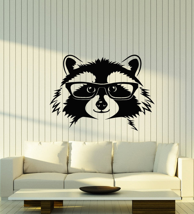 Vinyl Wall Decal Forest Raccoon In Glasses Funny Animal Head Stickers (2747ig)