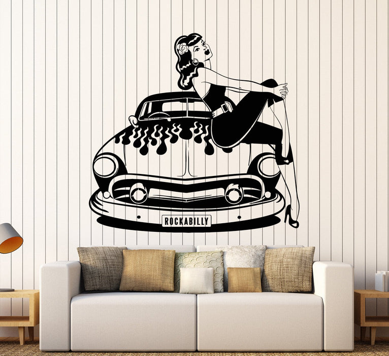 Vinyl Wall Decal Retro Car Sexy Girl Rock N Roll Lady Stickers Unique Gift (983ig)