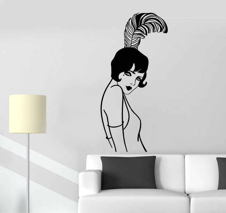Vinyl Wall Decal Retro Lady Beautiful Girl Style Hairstyle With Feather Stickers (2403ig)