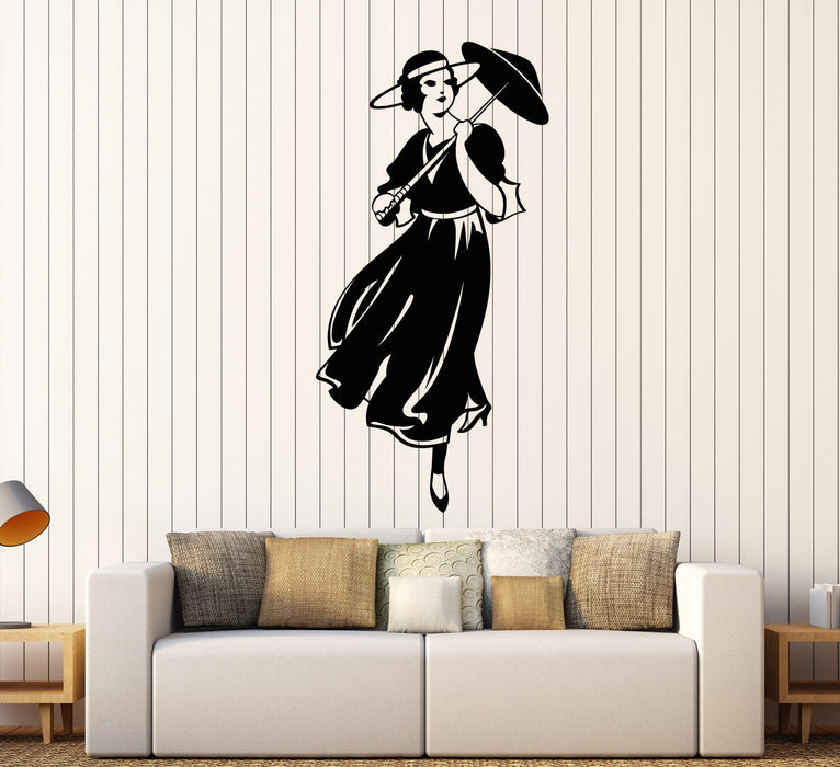 Vinyl Wall Decal Retro Girl Lady With Umbrella In Hat Vintage Doll Stickers (2241ig)