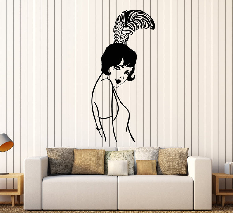 Vinyl Wall Decal Retro Lady Beautiful Girl Style Hairstyle With Feather Stickers (2403ig)