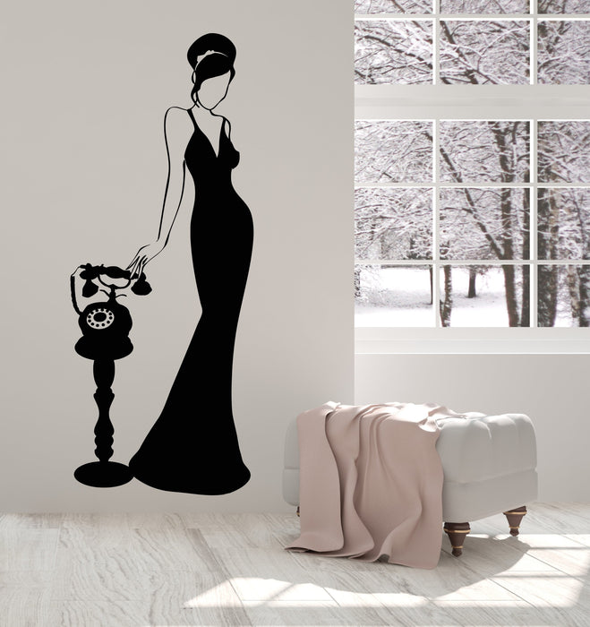 Vinyl Wall Decal Retro Lady In Dress Woman With Vintage Antique Phone Stickers (2997ig)