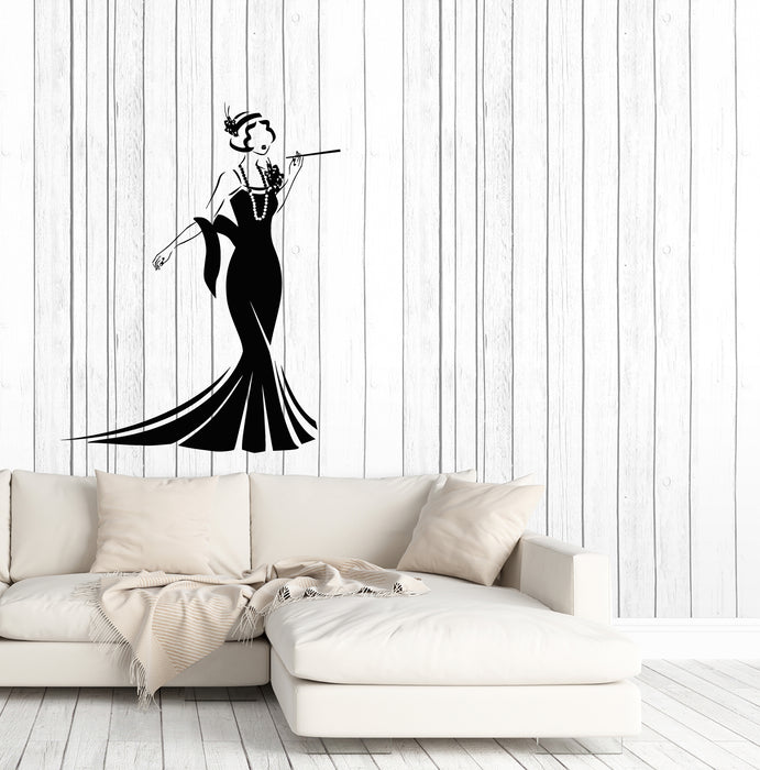 Vinyl Wall Decal Vintage Retro Style Lady Elegant Woman In Dress With Cigarette Stickers (4262ig)