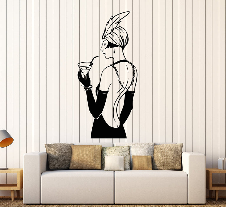 Vinyl Wall Decal Retro Sexy Lady Woman Alcoholic Cocktail Feather Stickers Unique Gift (850ig)