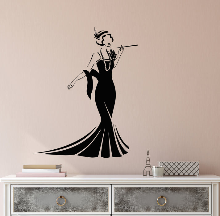Vinyl Wall Decal Vintage Retro Style Lady Elegant Woman In Dress With Cigarette Stickers (4262ig)