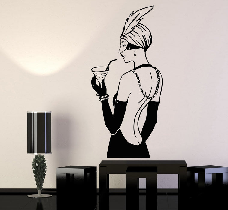 Vinyl Wall Decal Retro Sexy Lady Woman Alcoholic Cocktail Feather Stickers Unique Gift (850ig)