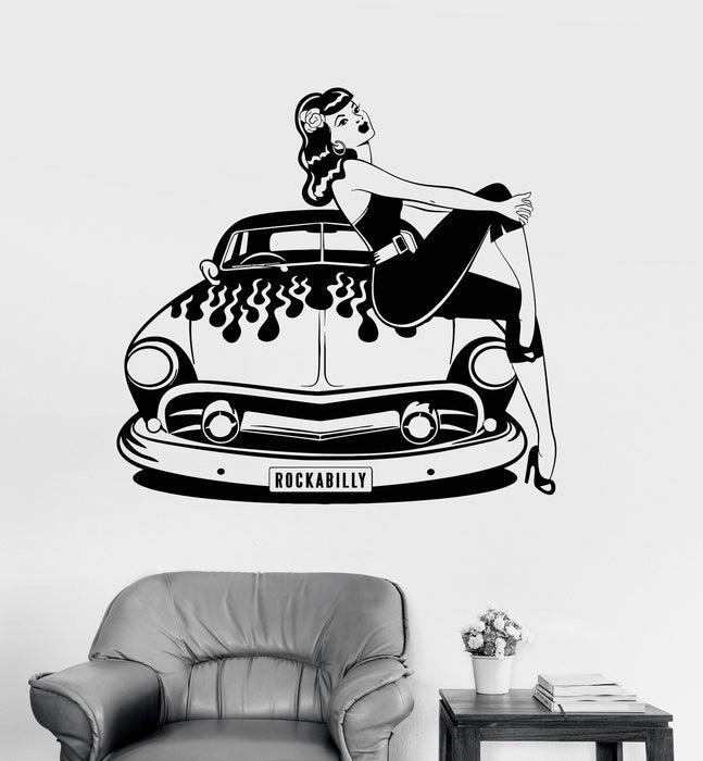 Vinyl Wall Decal Retro Car Sexy Girl Rock N Roll Lady Stickers Unique Gift (983ig)