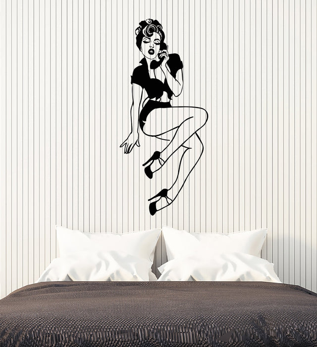 Vinyl Wall Deca Pin-Up Girl Style Sexy Retro Woman With Phone Stickers (2623ig)