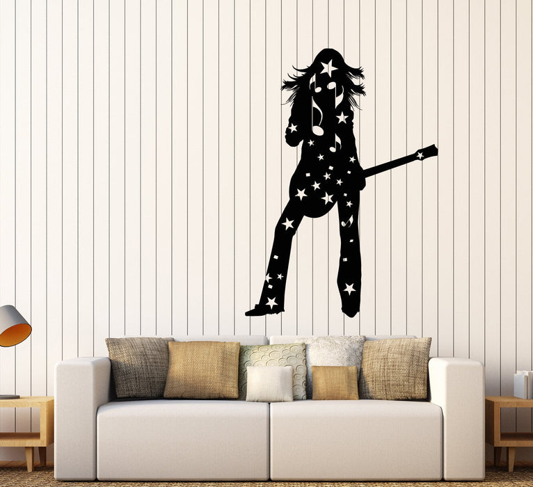 Vinyl Wall Decal Silhouette Girl With Guitar Player Rock Star Stickers (3108ig)
