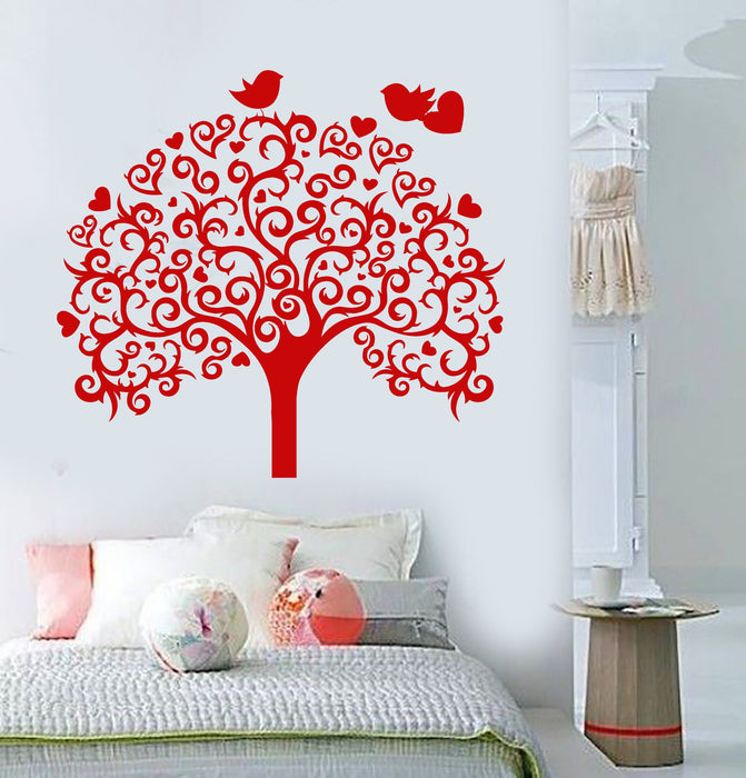 Autocollant mural en vinyle Arbre romantique Amour Oiseaux Coeurs Fille Chambre Autocollants Cadeau unique (ig4202)