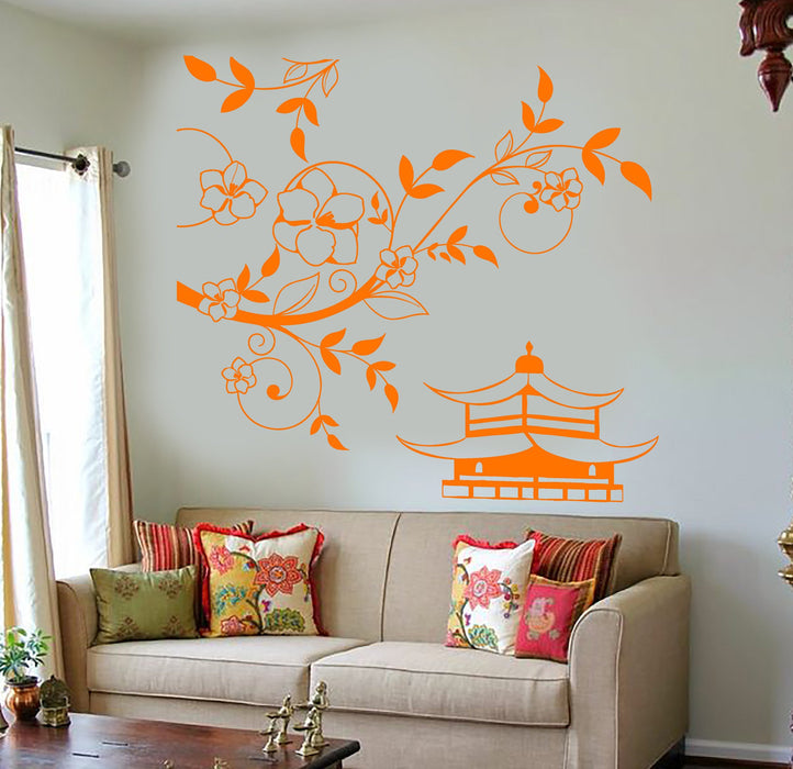 Vinyl Wall Decal Pagoda Sakura Tree Branch China Asian Style Stickers Unique Gift (1214ig)