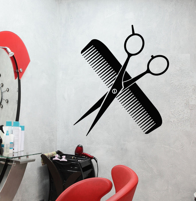Vinyl Wall Decal Scissors Comb Barbershop Haircut Stickers (3537ig)