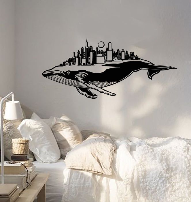 Vinyl Wall Decal Blue Whale Sea Ocean Animal City Landscape Stickers (4241ig)