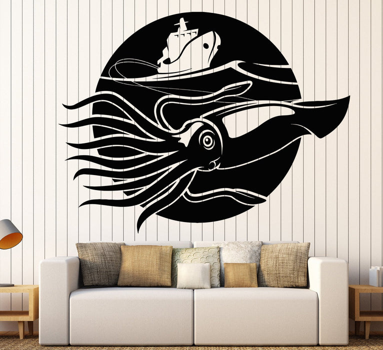Vinyl Wall Decal Giant Squid Kraken Sea Fishing Ship Marine Style Stickers Unique Gift (1170ig)