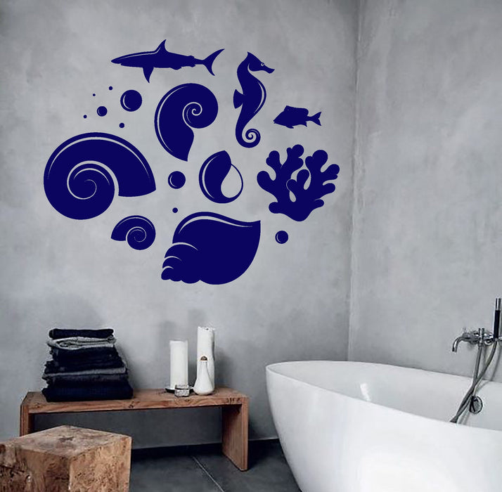 Vinyl Wall Decal Stickers Ocean Sea Shells Fish Shark Seahorse Unique Gift (681ig)