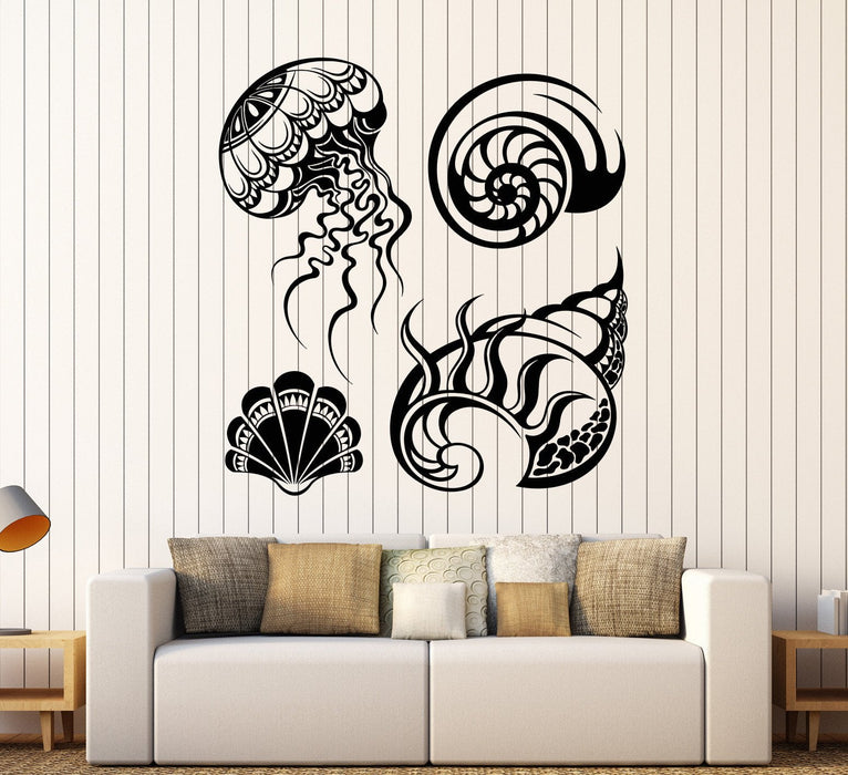 Vinyl Wall Decal Shells Marine Style Bathroom Design Jellyfish Stickers Unique Gift (787ig)