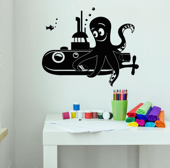 Vinyl Wall Decal Cartoon Octopus Submarine Sea Style Children's Rooms Stickers (2186ig)