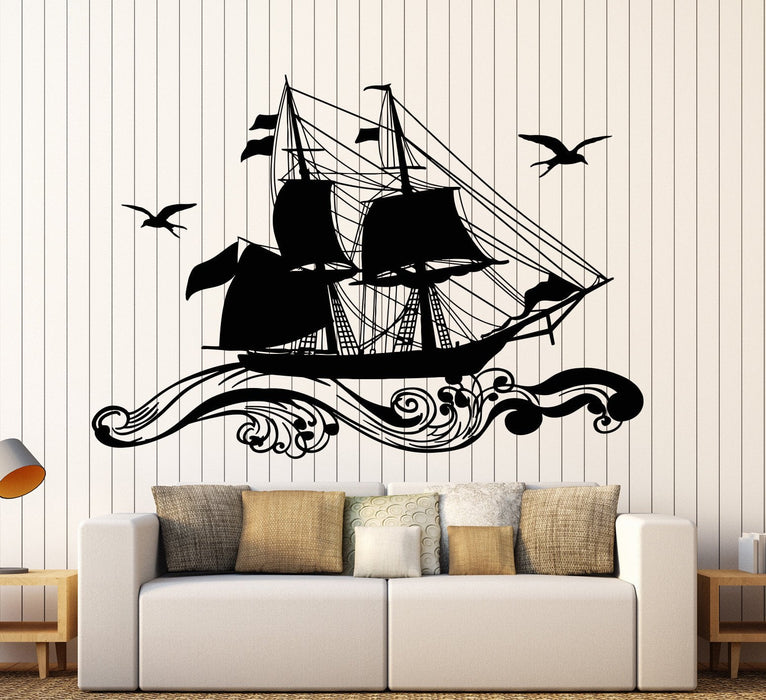 Autocollant mural en vinyle bateau marin voiles de mer croisière mouette oiseaux vagues autocollants cadeau unique (1218ig)