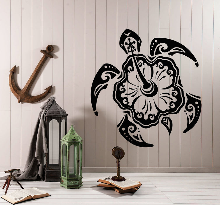 Vinyl Wall Decal Sea Turtle Animal Exotic Flower Beach Style Stickers (2691ig)