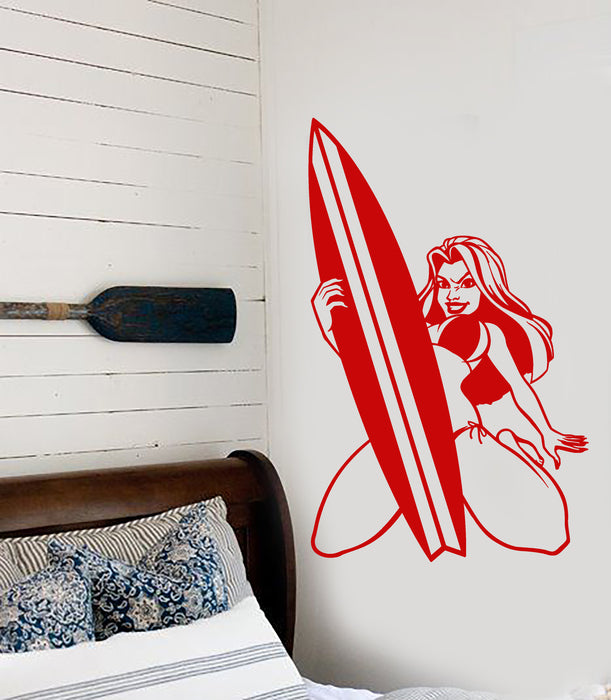 Vinyl Wall Decal Hot Sexy Surfer Girl In Swimsuit Surfing Surfboard Stickers (3157ig)