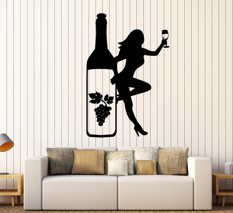Vinyl Wall Decal Bottle Glass Wine Grapes Sexy Girl Alcohol Stickers (2162ig)
