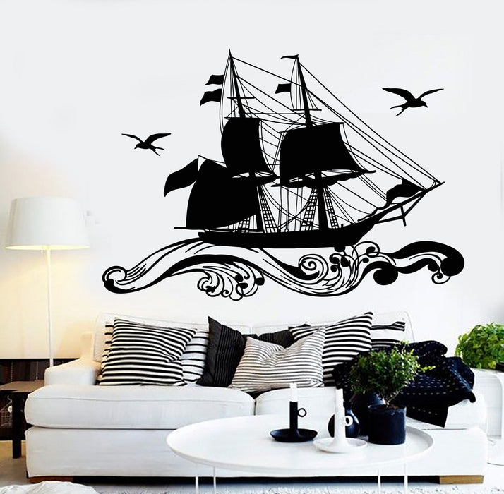 Vinyl Wall Decal Ship Sailor Sea Sails Cruise Seagull Birds Waves Stickers Unique Gift (1218ig)