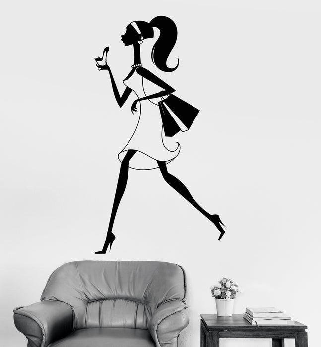 Vinyl Wall Decal Shopping Girl Shopaholic Stilettos Shop Fashion Stickers Unique Gift (1490ig)