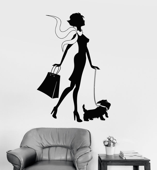 Vinyl Wall Decal Shopping Woman Dog Girl Fashion Style Stickers Unique Gift (416ig)