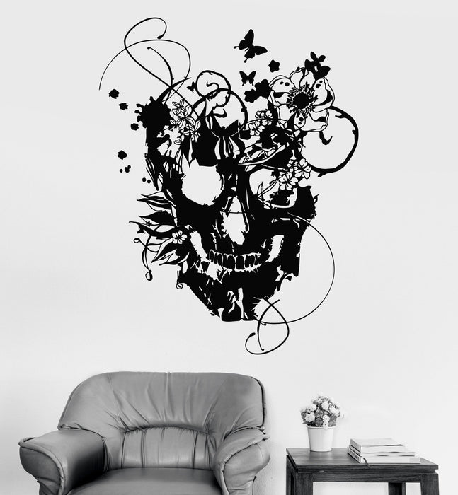 Vinyl Wall Decal Flowers Skull Art Decor Gothic Style Stickers Unique Gift (865ig)