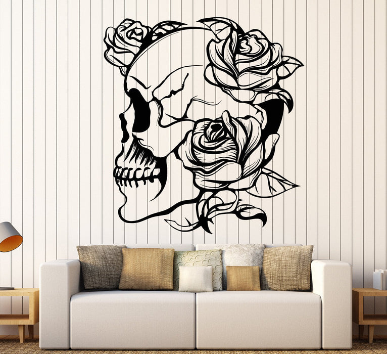 Vinyl Wall Decal Skull Roses Gothic Style Flowers Horror Stickers Unique Gift (977ig)