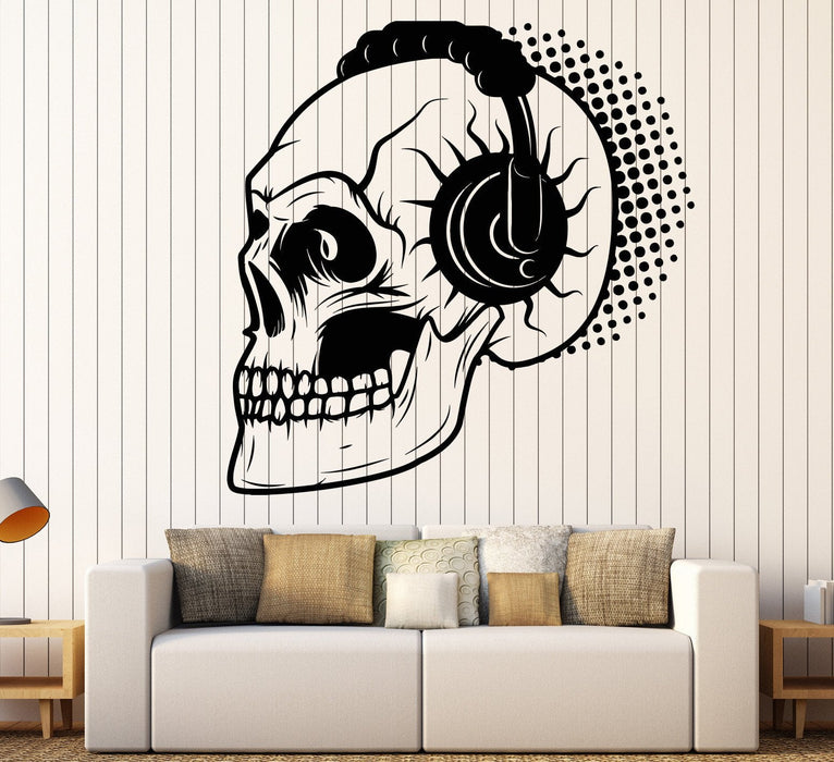 Autocollant mural en vinyle pour chambre d'adolescent, motif tête de mort, casque, mélomane, cadeau unique (871ig)