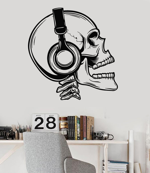 Autocollant mural en vinyle avec tête de mort et casque de musique pour chambre d'adolescent, cadeau unique (ig3864)