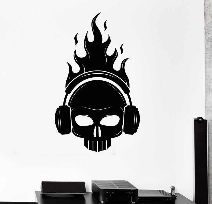 Vinyl Wall Decal Skull Headphones Fire Musical Decor Stickers Unique Gift (ig4413)