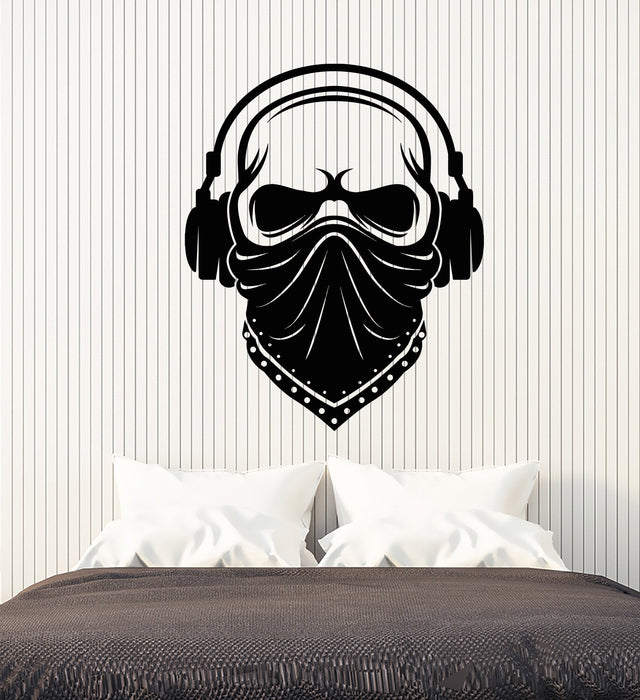 Виниловая наклейка на стену Череп в наушниках Музыка Лицо Косынка Бандана Маска Наклейки (3008ig)