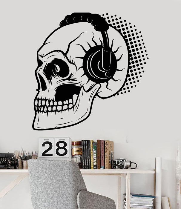 Autocollant mural en vinyle pour chambre d'adolescent, motif tête de mort, casque, mélomane, cadeau unique (871ig)