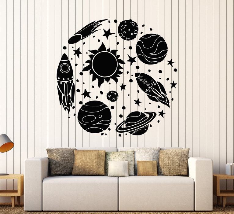 Vinyl Wall Decal Rocket Astronaut Cartoon Sun Space Planets Stickers Unique Gift (1327ig)