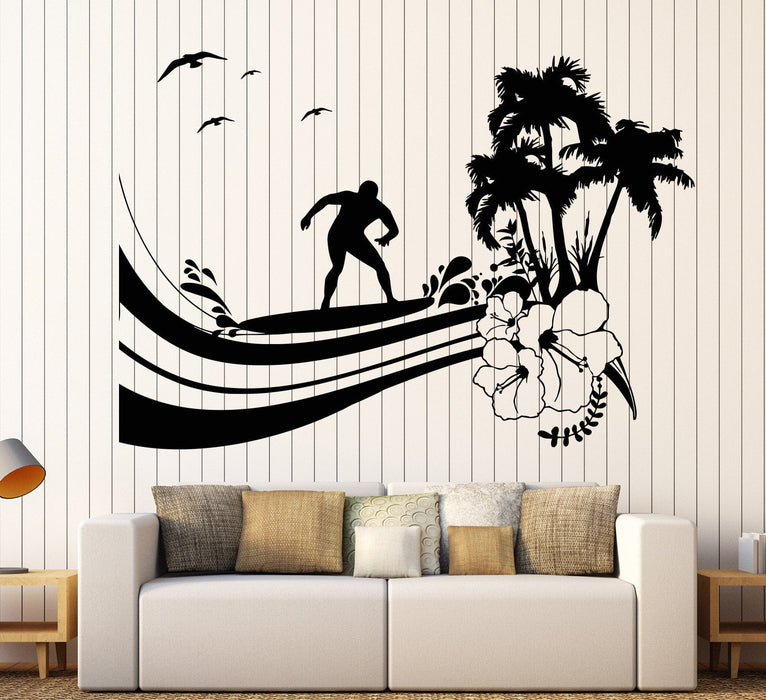 Vinyl Wall Decal Surfing Wave Palm Tree Beach Style Surfer Island Stickers Unique Gift (1319ig)