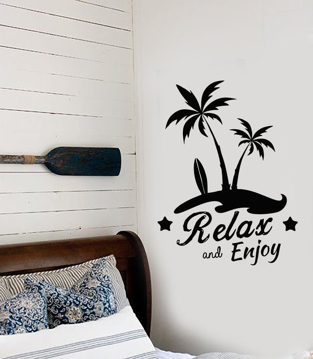 Vinyl Wall Decal Beach Style Palm Tree Surfing Relax and Enjoy Logo Stickers (3429ig)