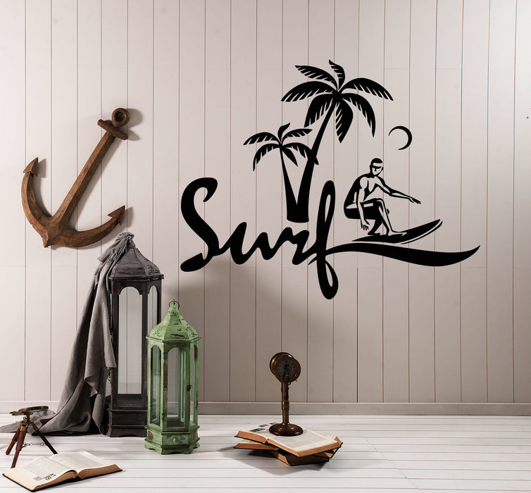 Vinyl Wall Decal Surfer Surfing Surfboard Palm Logo Water Sports Stickers (3546ig)
