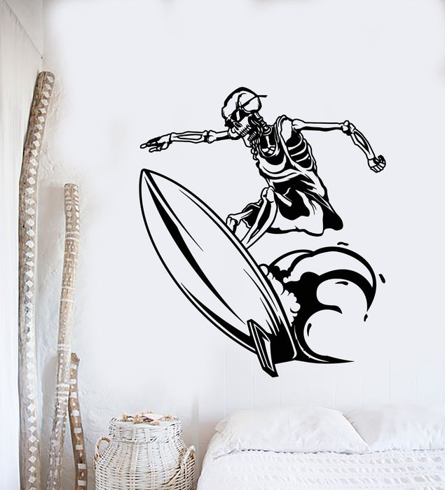 Vinyl Wall Decal Surfing Surfer Skeleton On Surfboard Beach Style Stickers (3129ig)