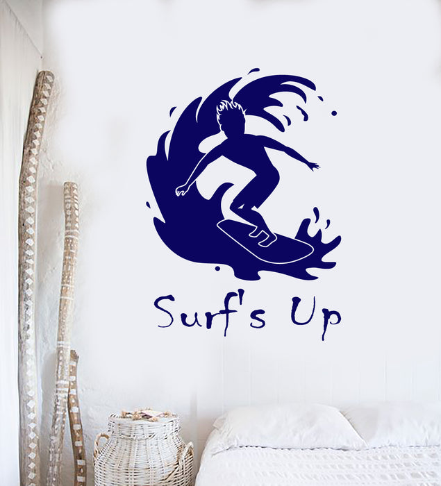 Vinyl Wall Decal Surfing Surf's Up Quote Surfer Surfboard Stickers (3194ig)