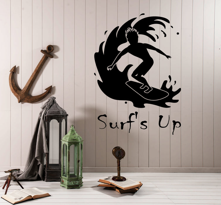 Vinyl Wall Decal Surfing Surf's Up Quote Surfer Surfboard Stickers (3194ig)