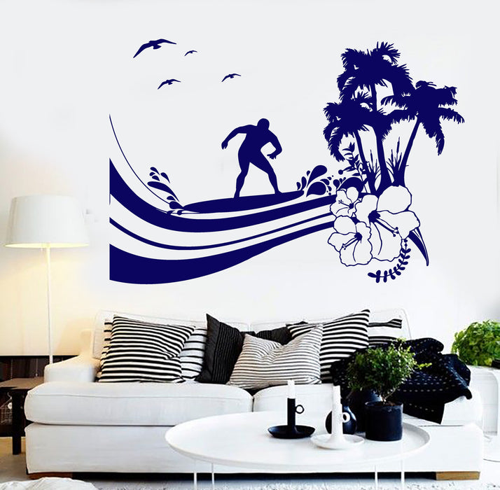 Vinyl Wall Decal Surfing Wave Palm Tree Beach Style Surfer Island Stickers Unique Gift (1319ig)