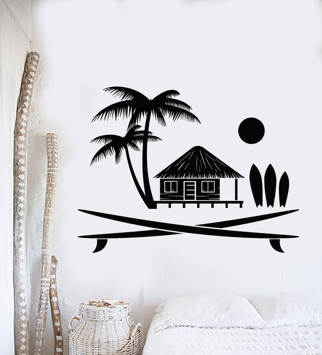 Vinyl Wall Decal Surfing Beach House Palm Ocean Stickers Unique Gift (ig4244)
