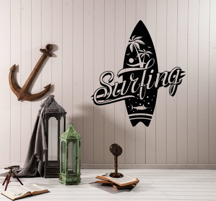 Autocollant mural en vinyle avec logo de club de surf et planche de surf (3660ig)
