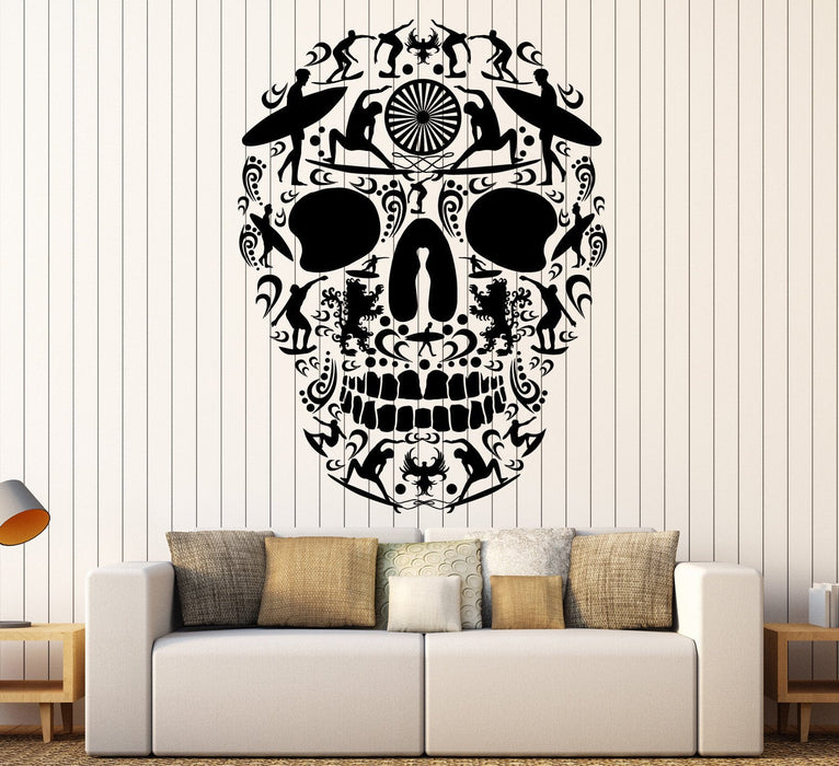 Autocollant mural en vinyle pour chambre d'adolescent Motif tête de mort et vague de surf (ig4492)