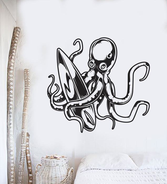 Vinyl Wall Decal Cartoon Octopus Surfing Surfboard Water Sports Stickers (3058ig)